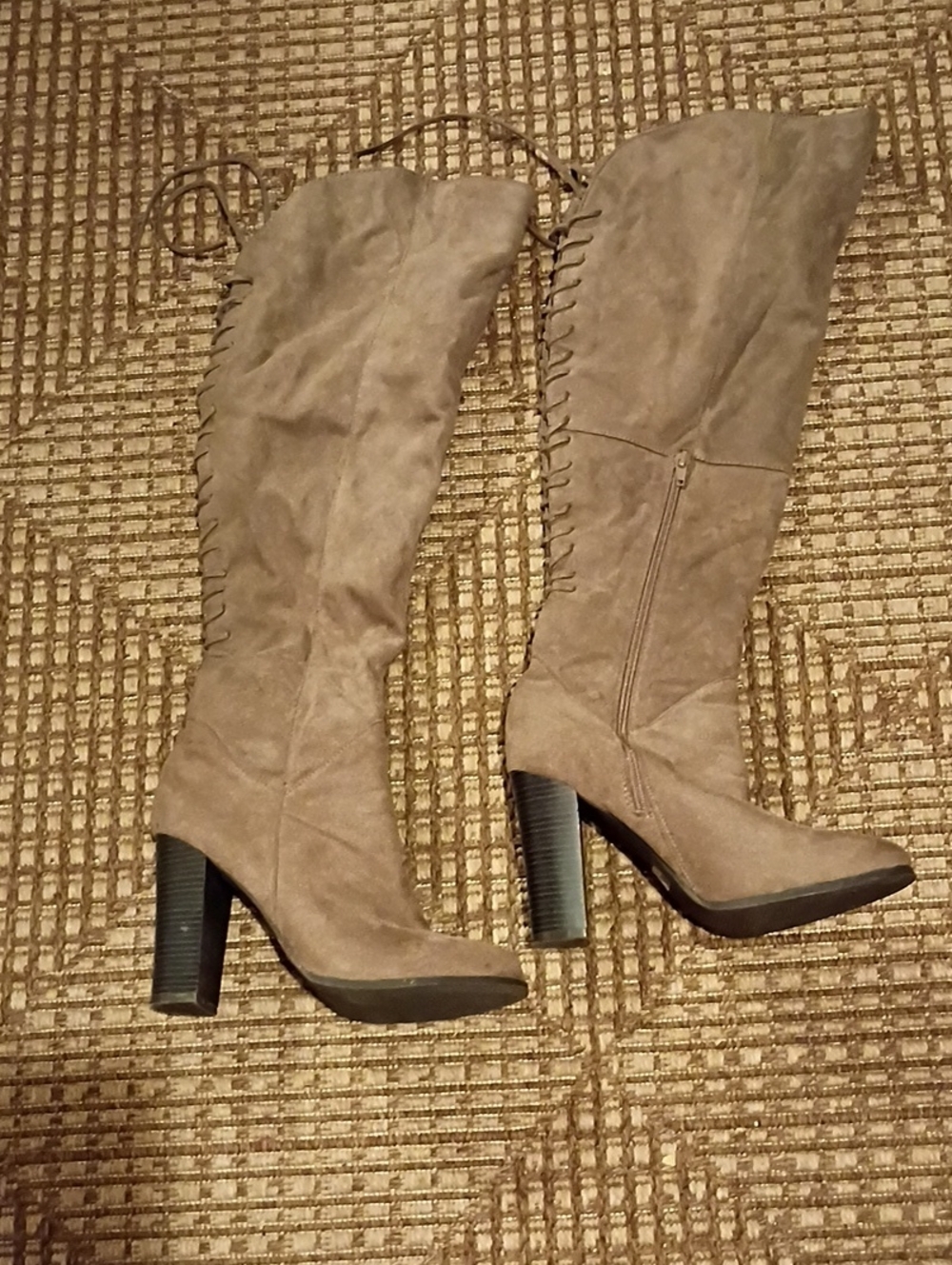 Knee-High Lace-Up Suede Heeled Boots - Taupe